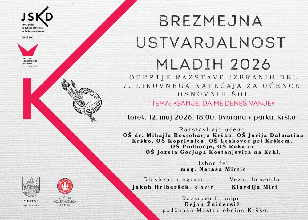 BREZMEJNA USTVARJALNOST MLADIH 2026, ODPRTJE RAZSTAVE IZBRANIH DEL 7. LIKOVNEGA NATEČAJA ZA UČENCE OŠ
